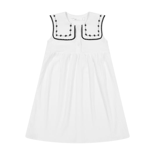 CRINKLE DRESS WITH EMBROIDERED COLLAR