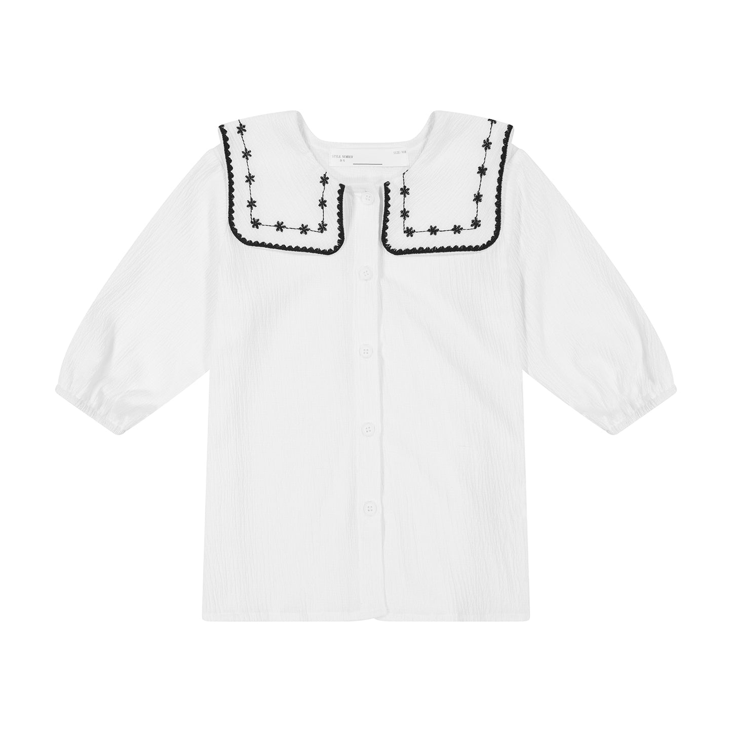 CRINKLE TOP WITH EMBROIDERED COLLAR